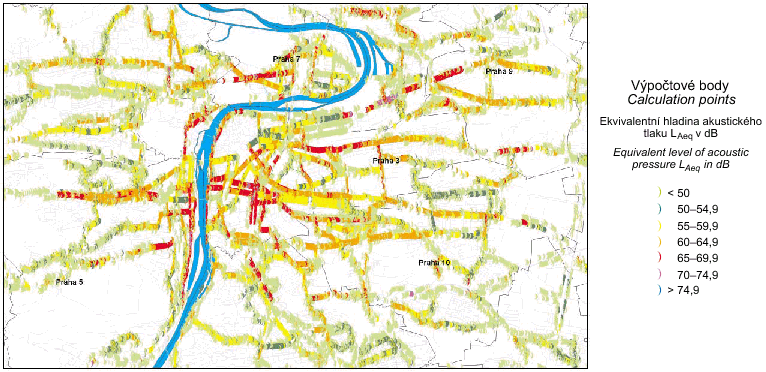 an example of the calculated noise map of road traffic for night-time, prague 2004