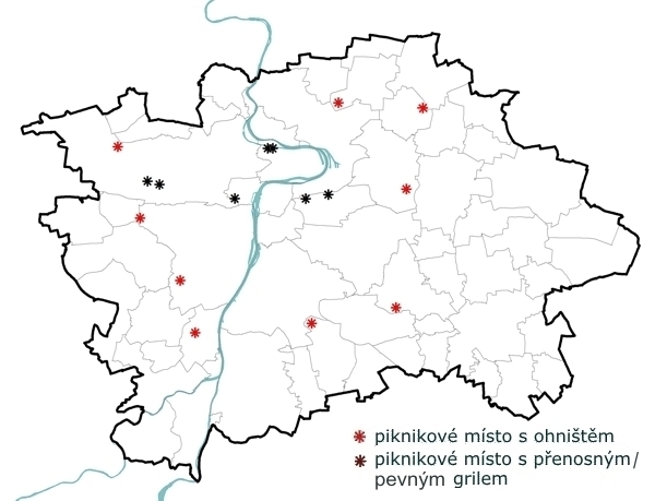 pikniková místa v pražských lesích a parcích, orientační mapka, stav 3/2023