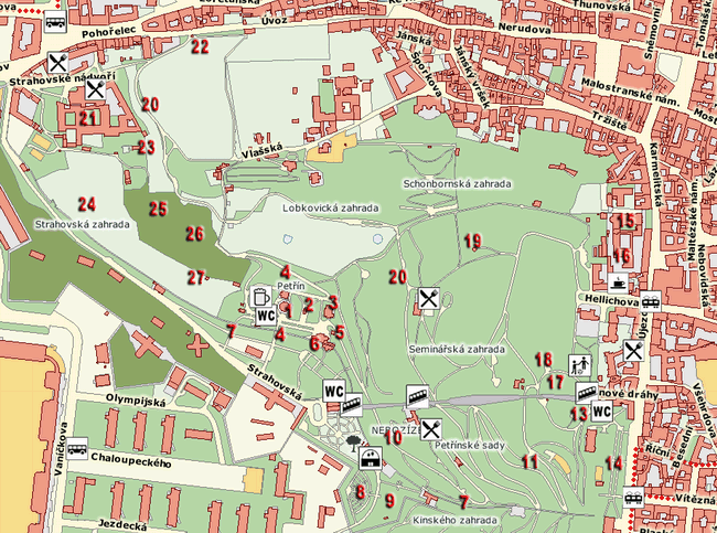 premises of gardens on the petřín hill (komplex zahrad vrchu petřína) - map